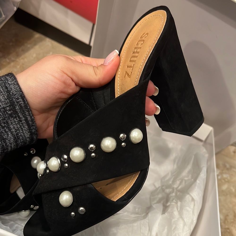 Schutz suede black pearl stud heel
